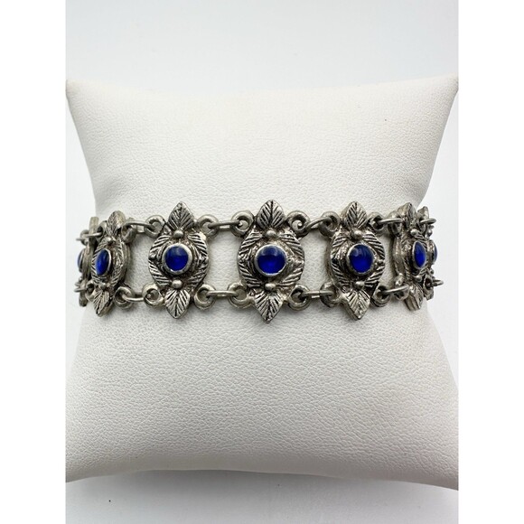 Silver Tone Blue Panel Floral Hamsa Hand Bracelet 7.5” - Picture 1 of 6